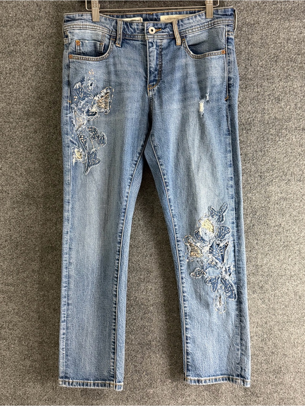 Pilcro Womens Slim Boyfriend Embroidered Patchwork Jeans Size 28 Petite Blue